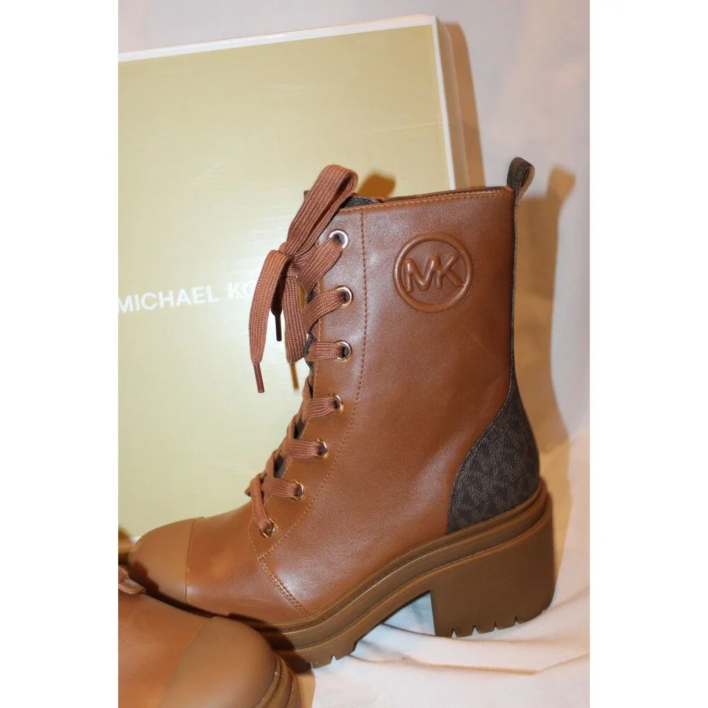 Michael Kors Women's Hanley Charm Lace Up Combat Bootie Luggage Brown NIB SZ 8.5